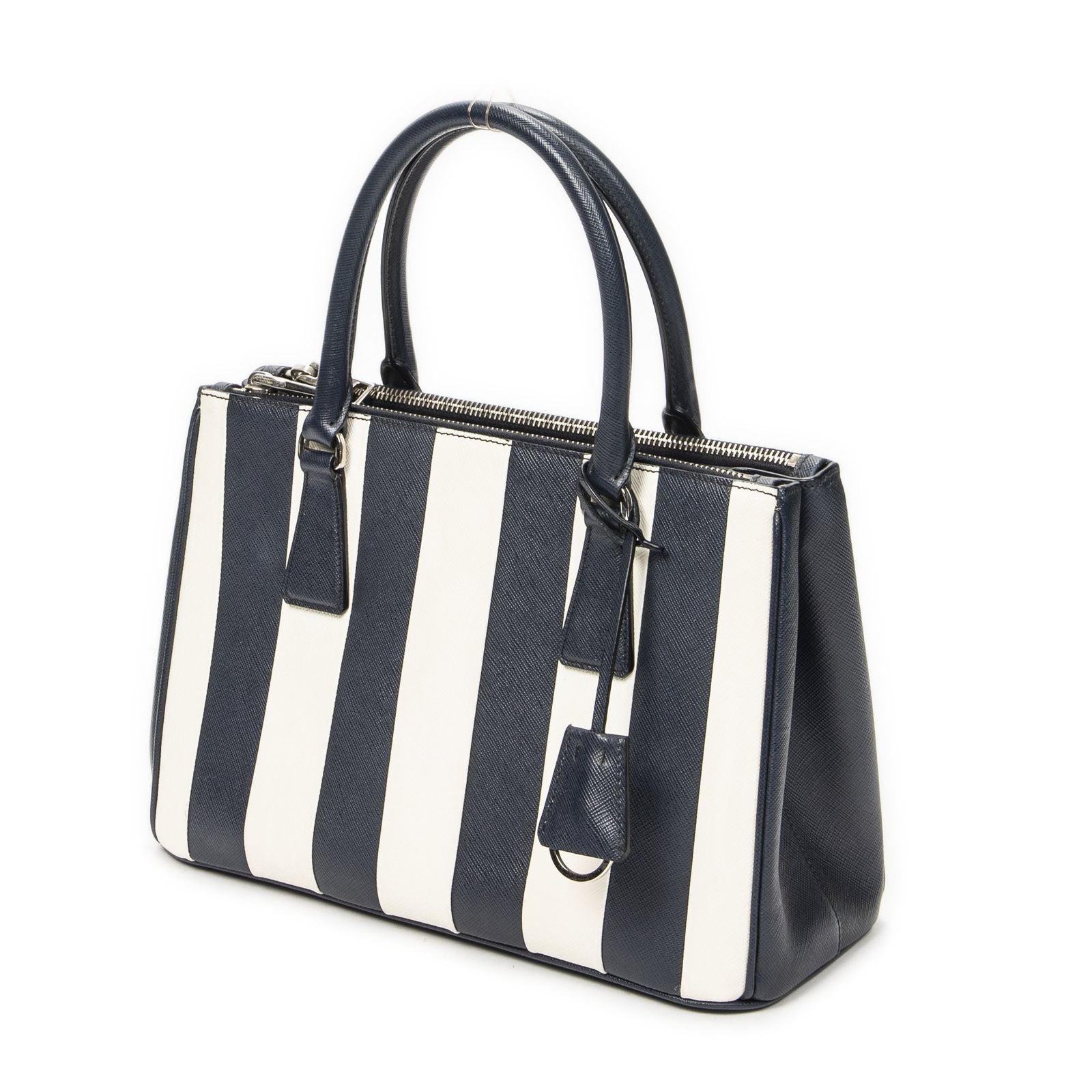 Prada Large Double Zip Galleria Tote Navy White Saffiano Leather — view 2