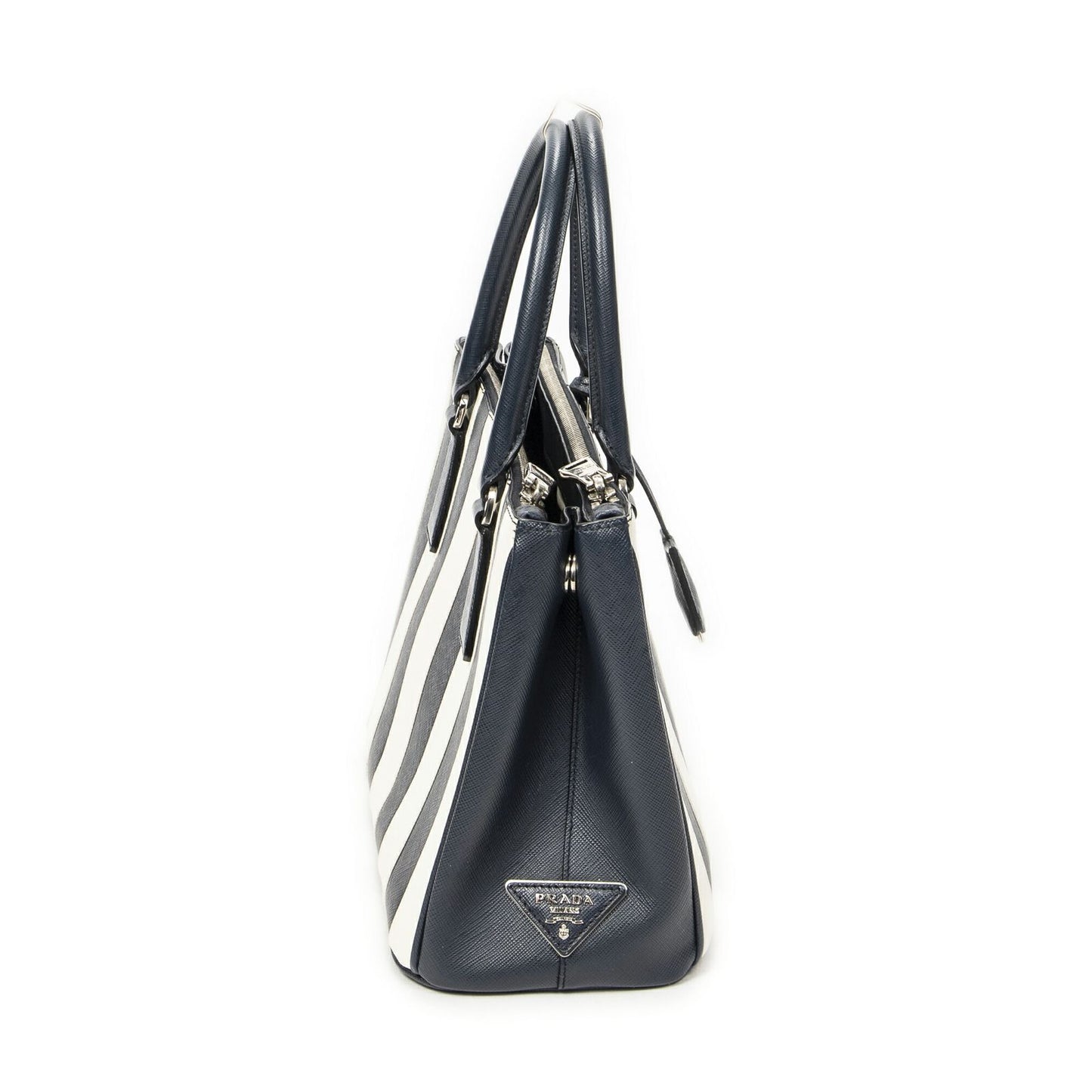 Prada Large Double Zip Galleria Tote Navy White Saffiano Leather — view 4