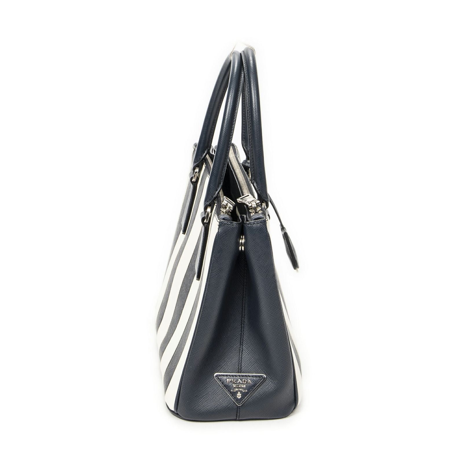 Prada Large Double Zip Galleria Tote Navy White Saffiano Leather — view 4