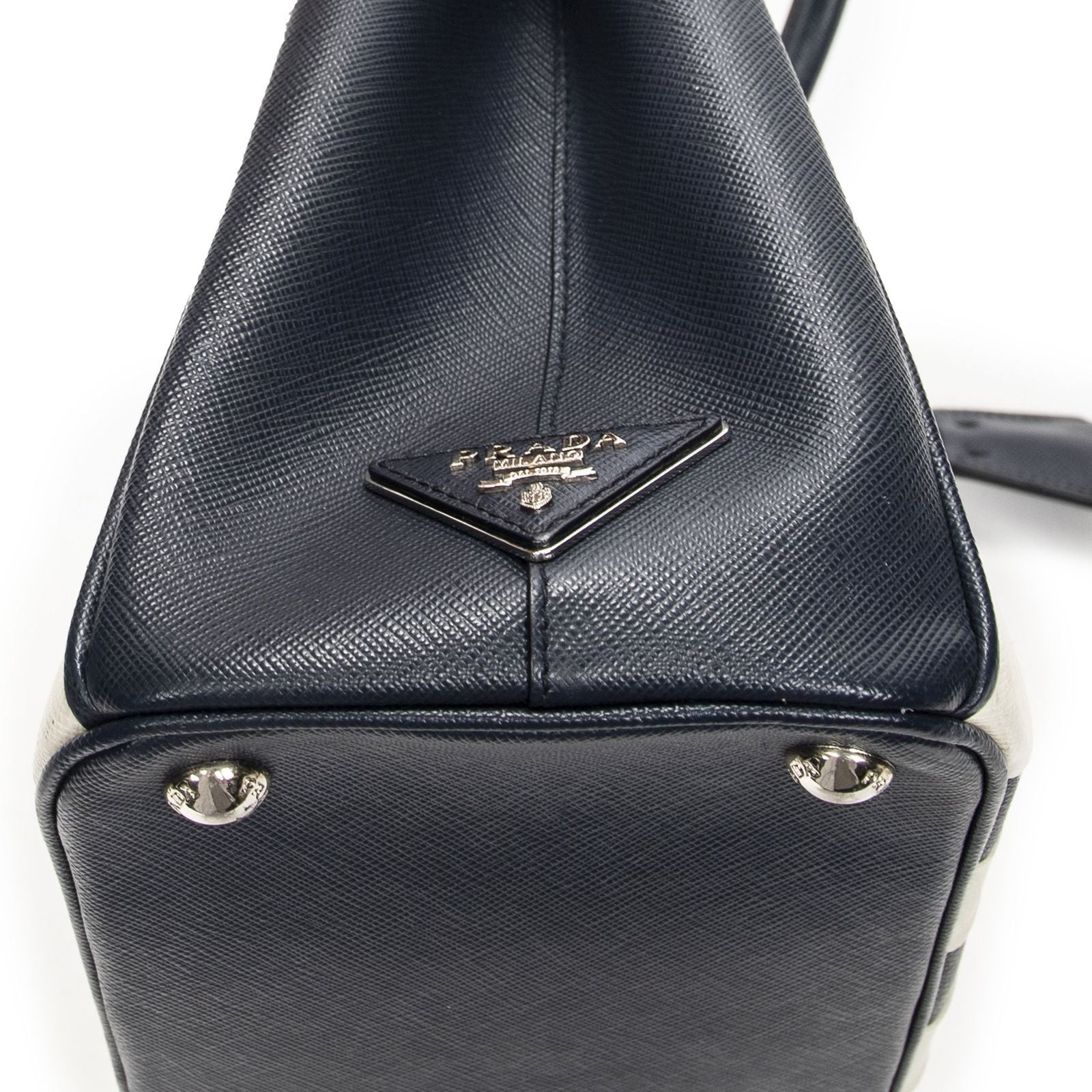 Prada Large Double Zip Galleria Tote Navy White Saffiano Leather — view 7
