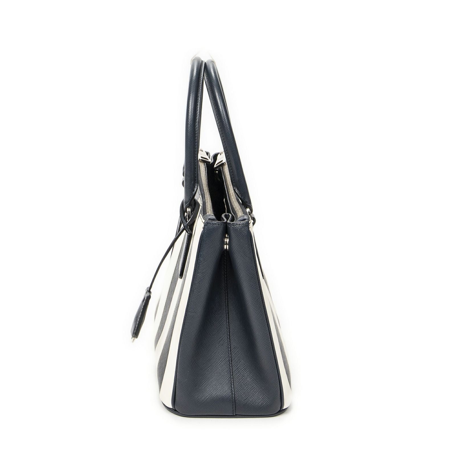 Prada Large Double Zip Galleria Tote Navy White Saffiano Leather — view 3