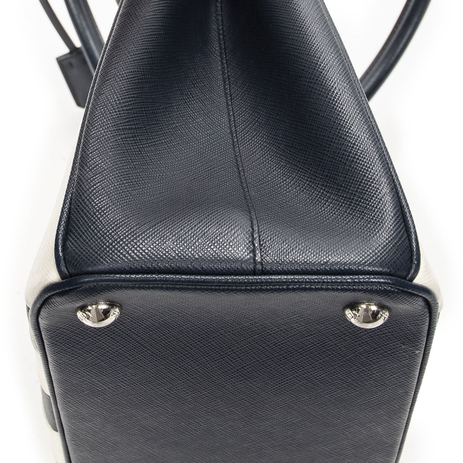 Prada Large Double Zip Galleria Tote Navy White Saffiano Leather — view 8