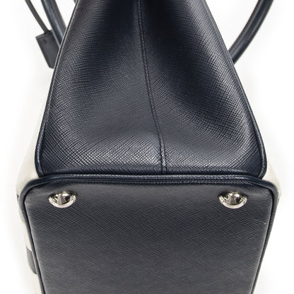 Prada Large Double Zip Galleria Tote Navy White Saffiano Leather — view 8