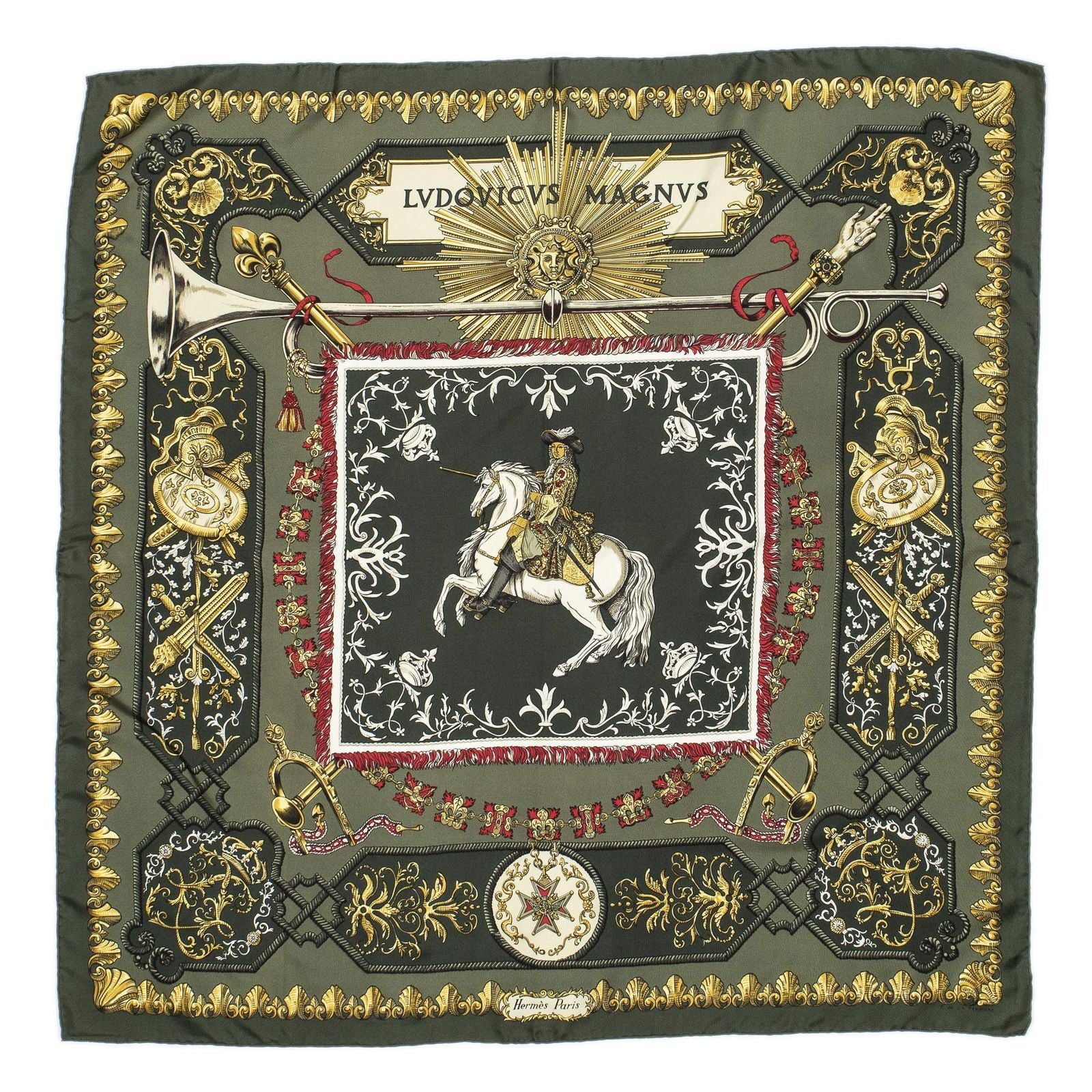 Hermes Scarf Green Red 100% Gold Twill Silk — view 2