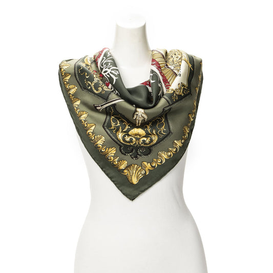 Hermes Scarf Green Red 100% Gold Twill Silk
