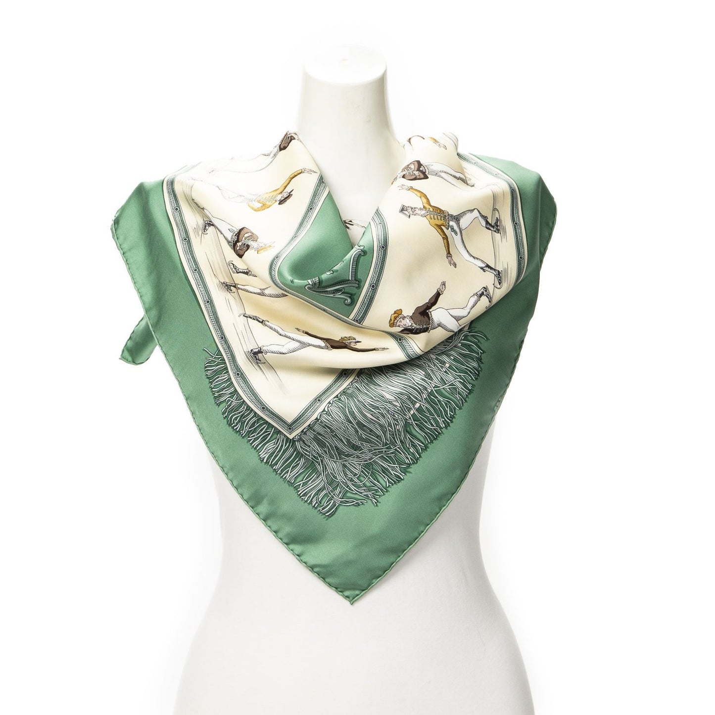 Hermes Scarf Green Beige Gray Silk
