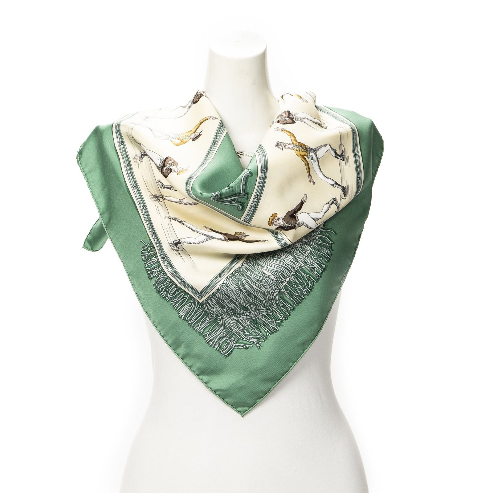 Hermes Scarf Green Beige Gray Silk