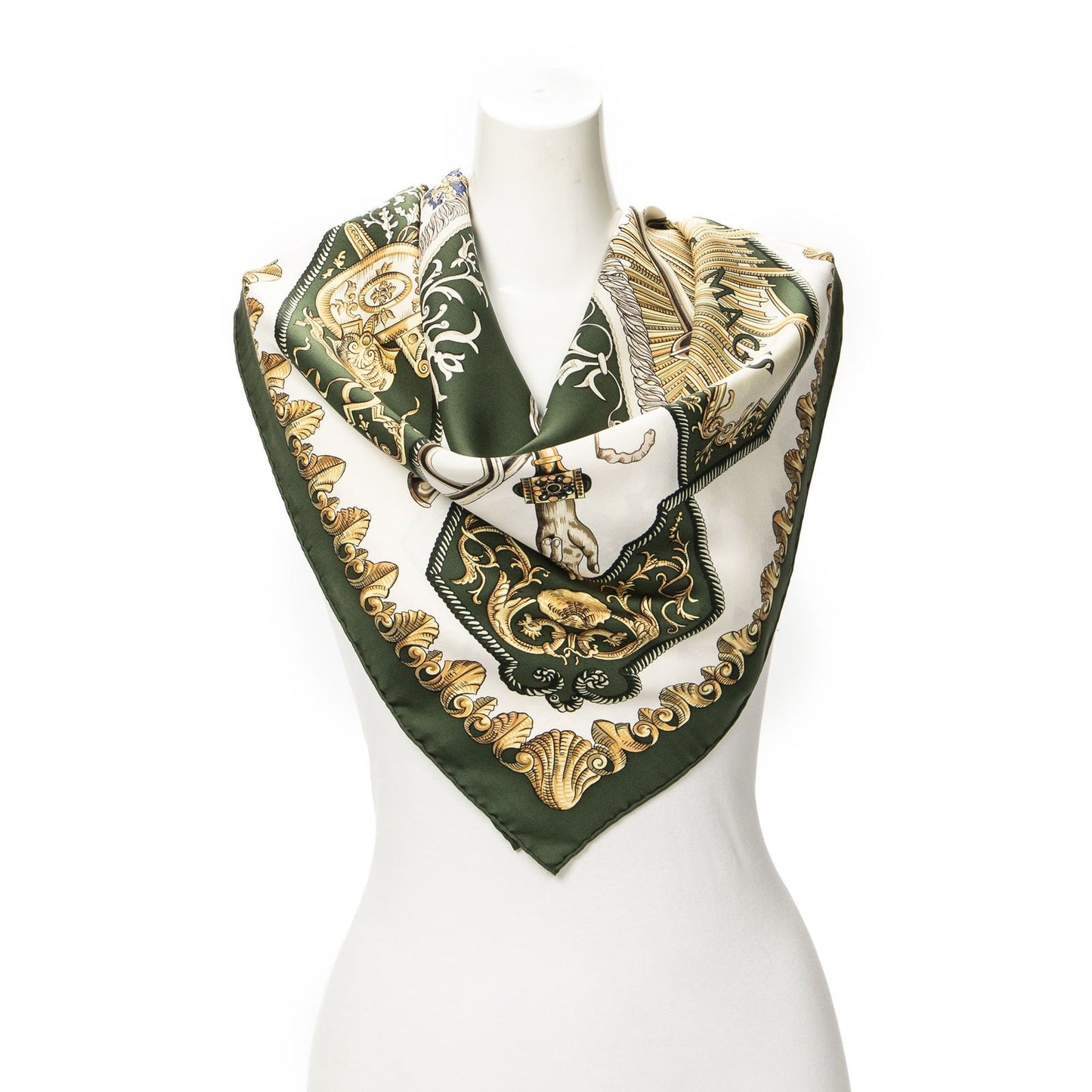 Hermes Scarf Green Gold White Silk