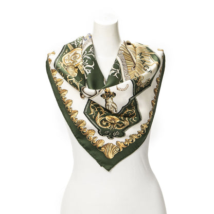 Hermes Scarf Green Gold White Silk