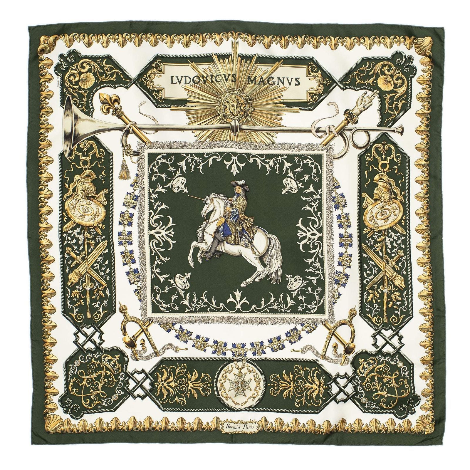 Hermes Scarf Green Gold White Silk — view 2