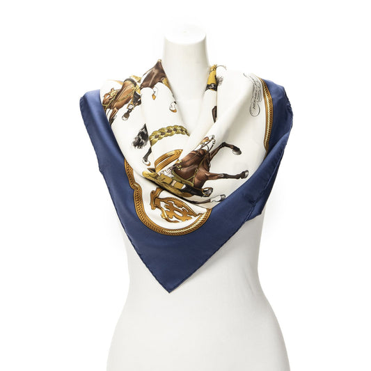 Hermes Scarf Navy Brown White Silk