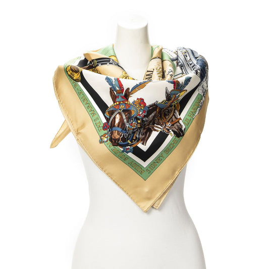 Hermes Scarf Beige Green White Silk