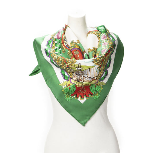 Hermes Scarf Green Red 100% Gold Twill Silk