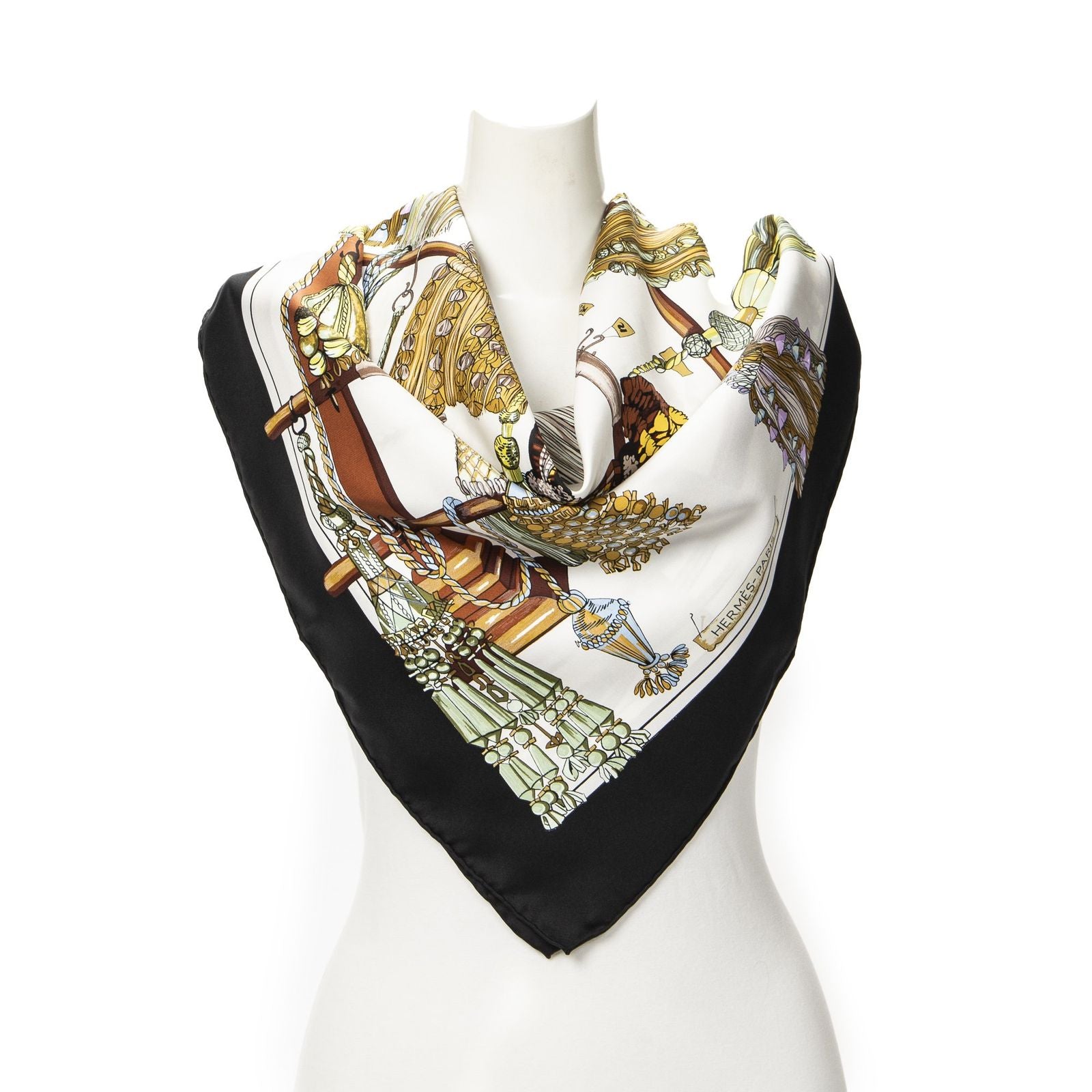 Hermes Scarf Black Brown Green Silk