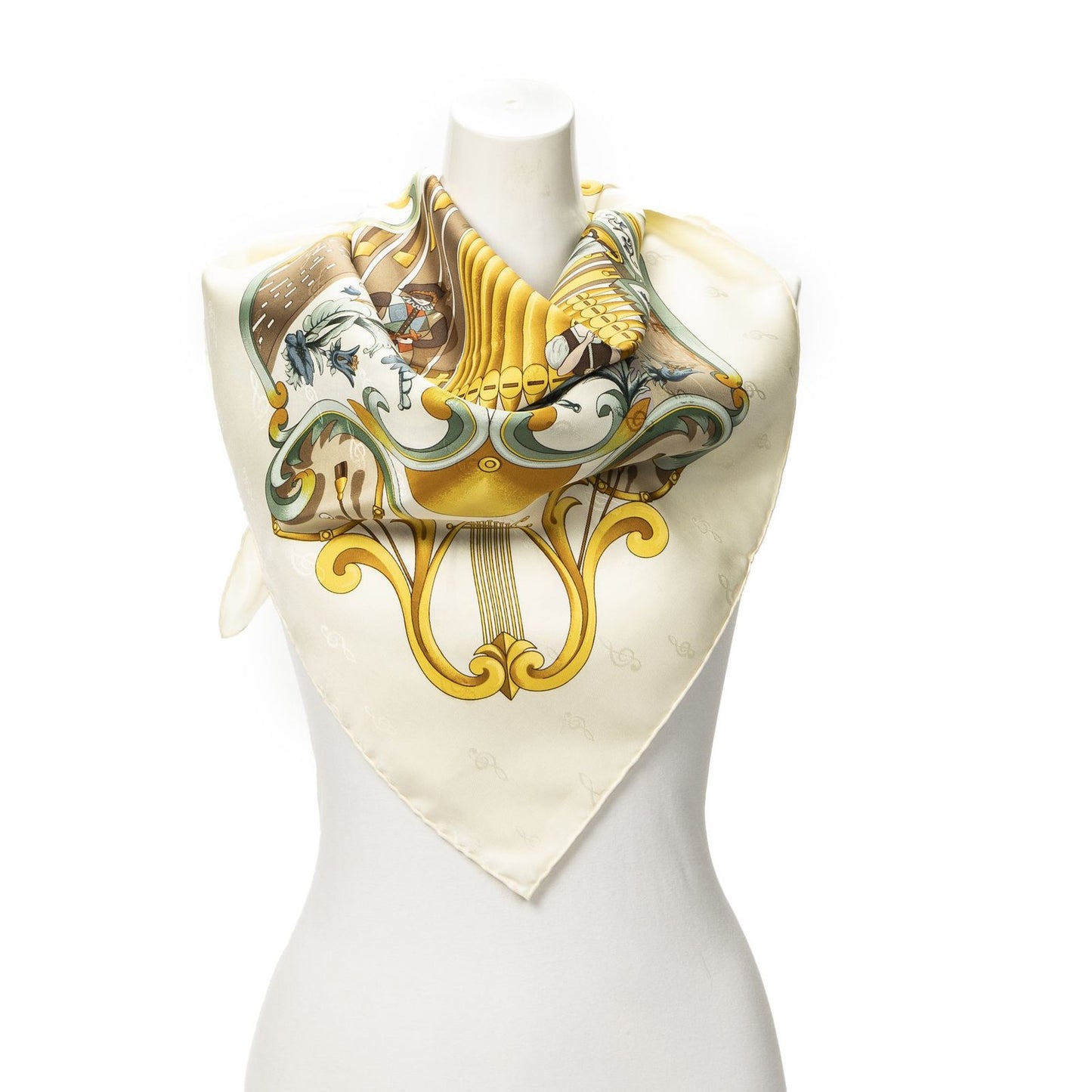 Hermes Scarf Beige Gold Green 100% Jacquard Silk