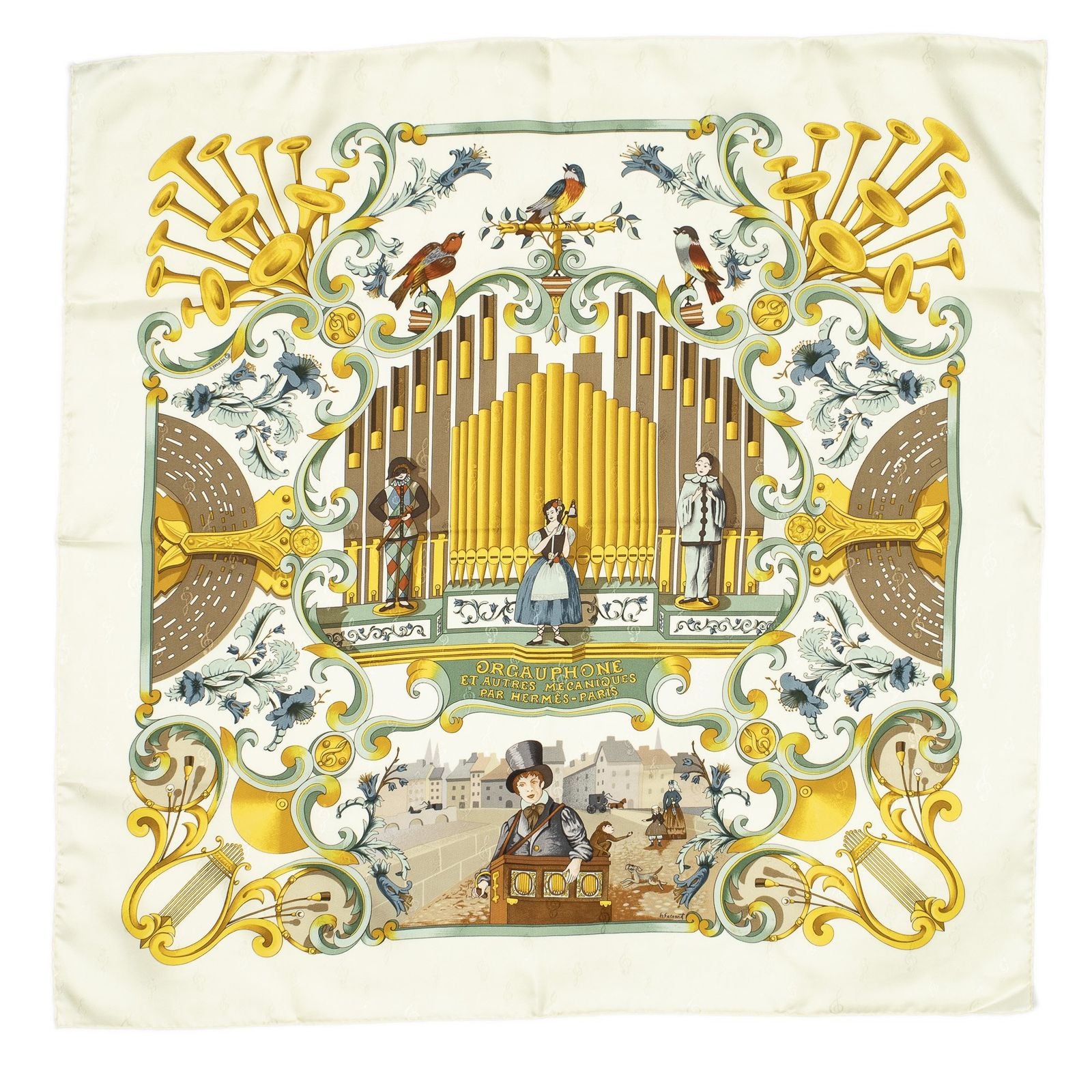 Hermes Scarf Beige Gold Green 100% Jacquard Silk — view 2