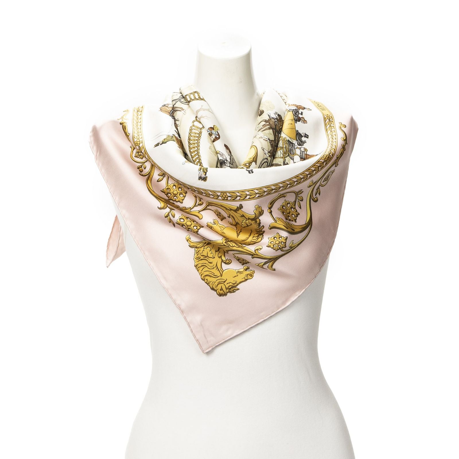 Hermes Scarf Light Pink Gold Brown Silk