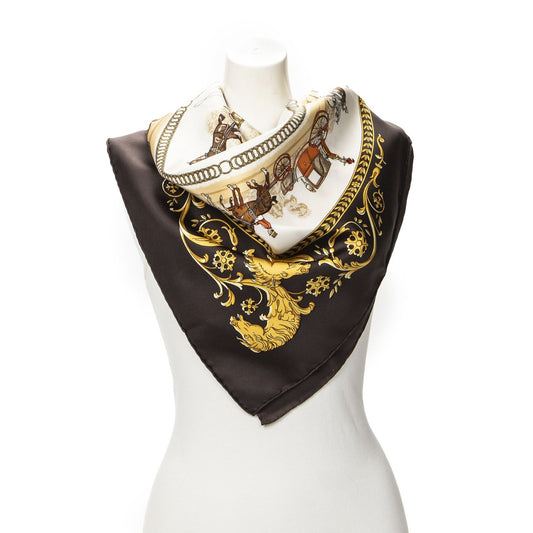 Hermes Scarf Dark Brown Beige 100% Gold Twill Silk