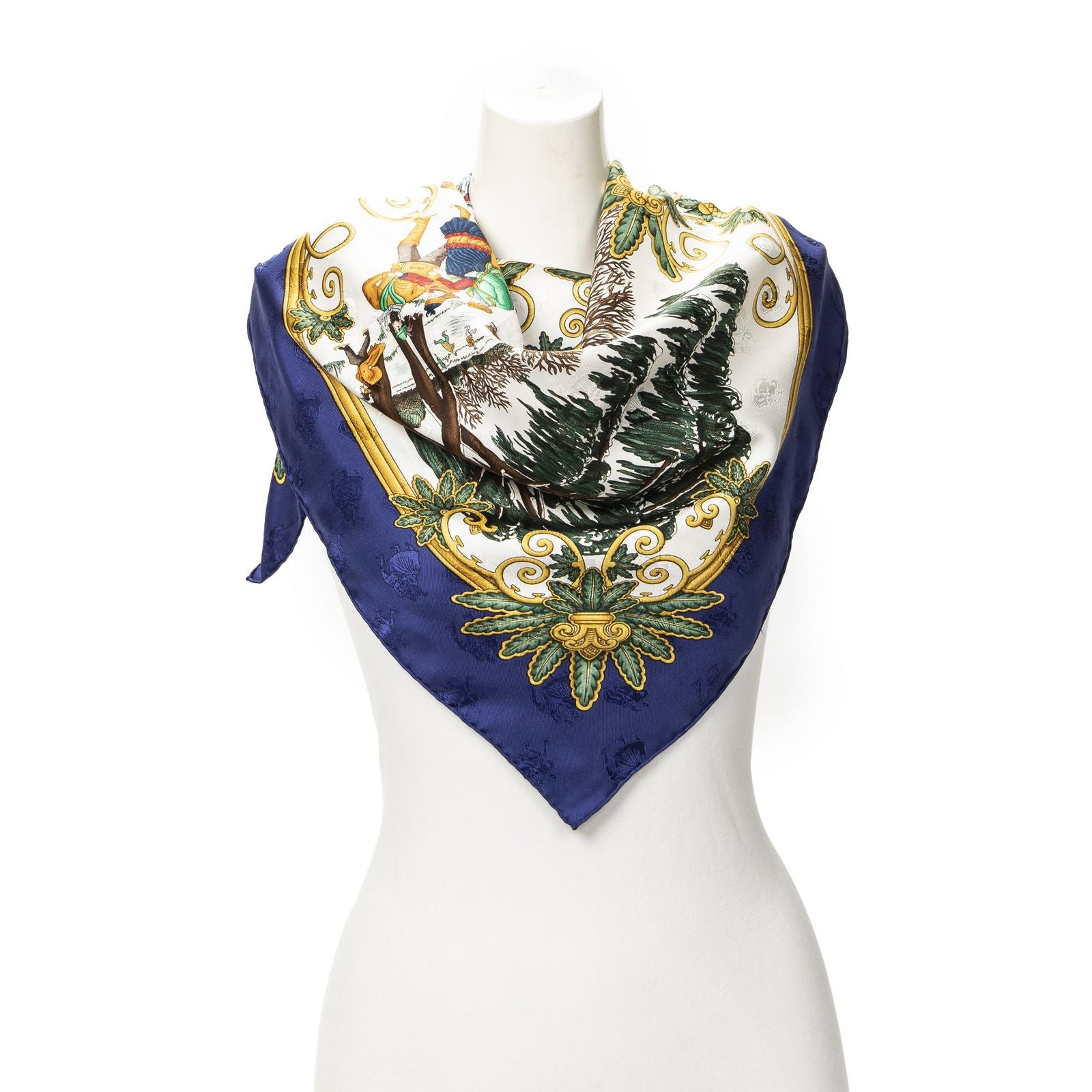 Hermes Scarf Blue Ivory Green 100% Jacquard Silk
