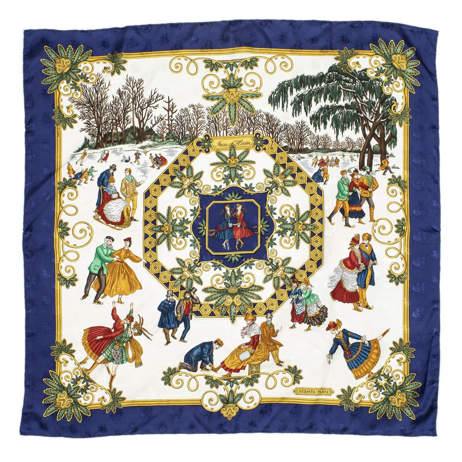 Hermes Scarf Blue Ivory Green 100% Jacquard Silk — view 2