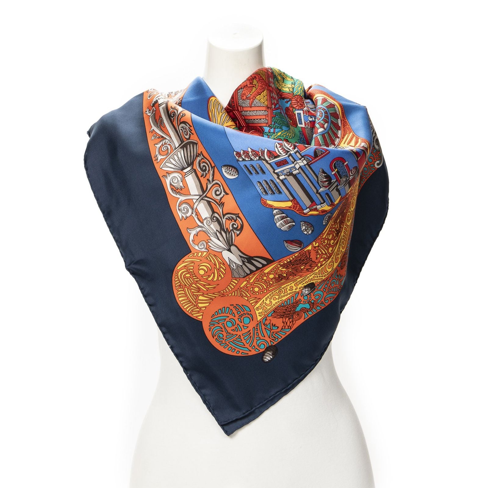 Hermes Scarf Navy Green Red Silk