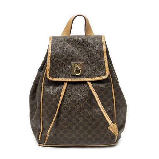 Celine Drawstring Flap Backpack Beige Brown Macadam Canvas