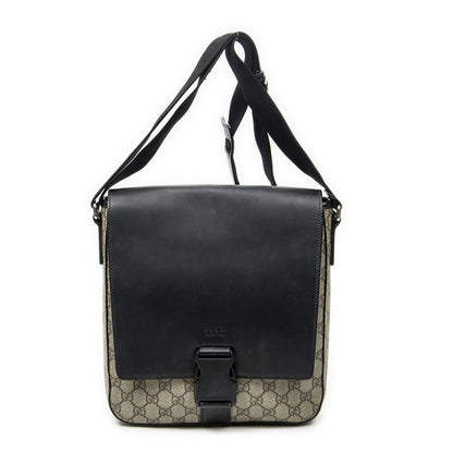 Gucci Buckle Flap Messenger Bag Black Beige Supreme Canvas