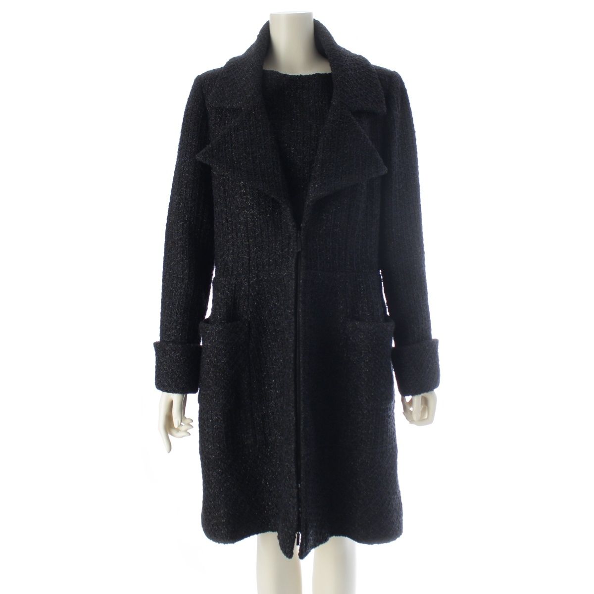 Chanel Coco Button Check Zip Up Black 42 Shoulder