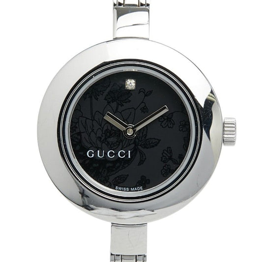 Gucci Floral Pattern Diamond Circle Watch Bangle 105 Black Silver Stainless