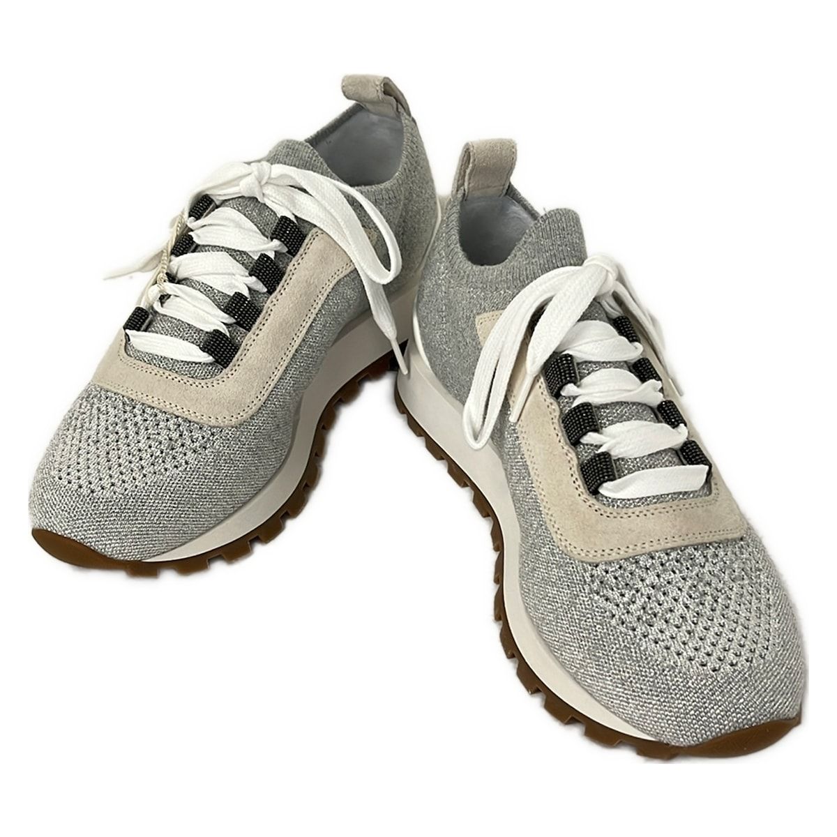 Brunello Cucinelli Sneakers 36 Gray Light Metal Beads Lame Knit — view 2