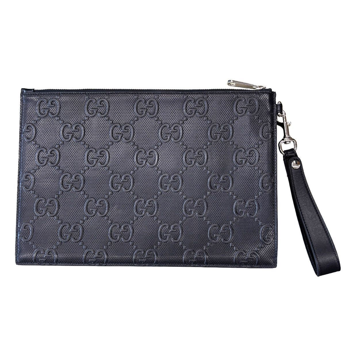 Gucci Clutch GG Embossed Leather Black Second with Wrist Strap — view 3