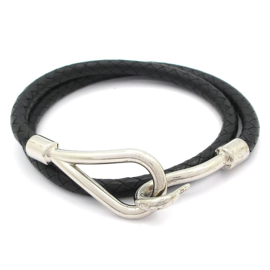 Hermes Bracelet Jumbo Leather Black Silver 2 Rows Braided