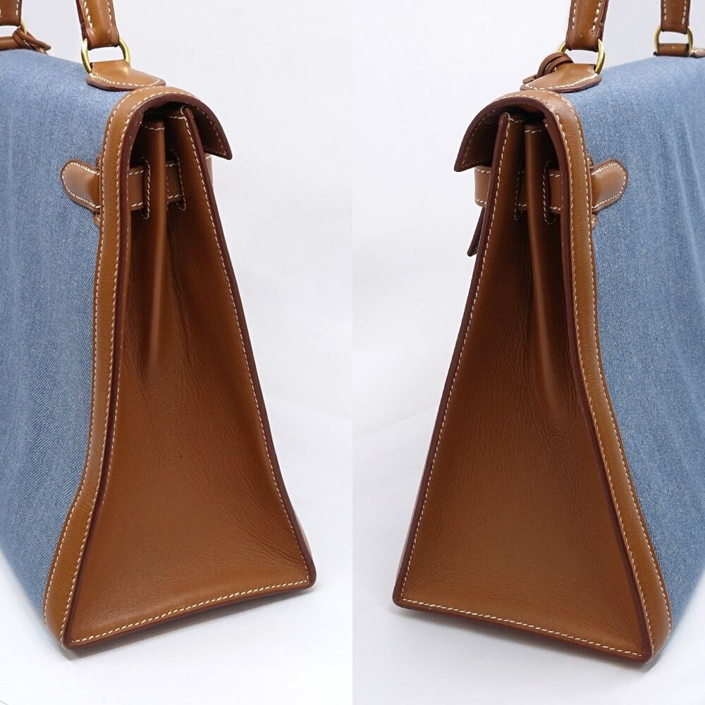 Hermes Kelly 32 Handbag Toilegin Leather Gold Blue Sellier — view 3