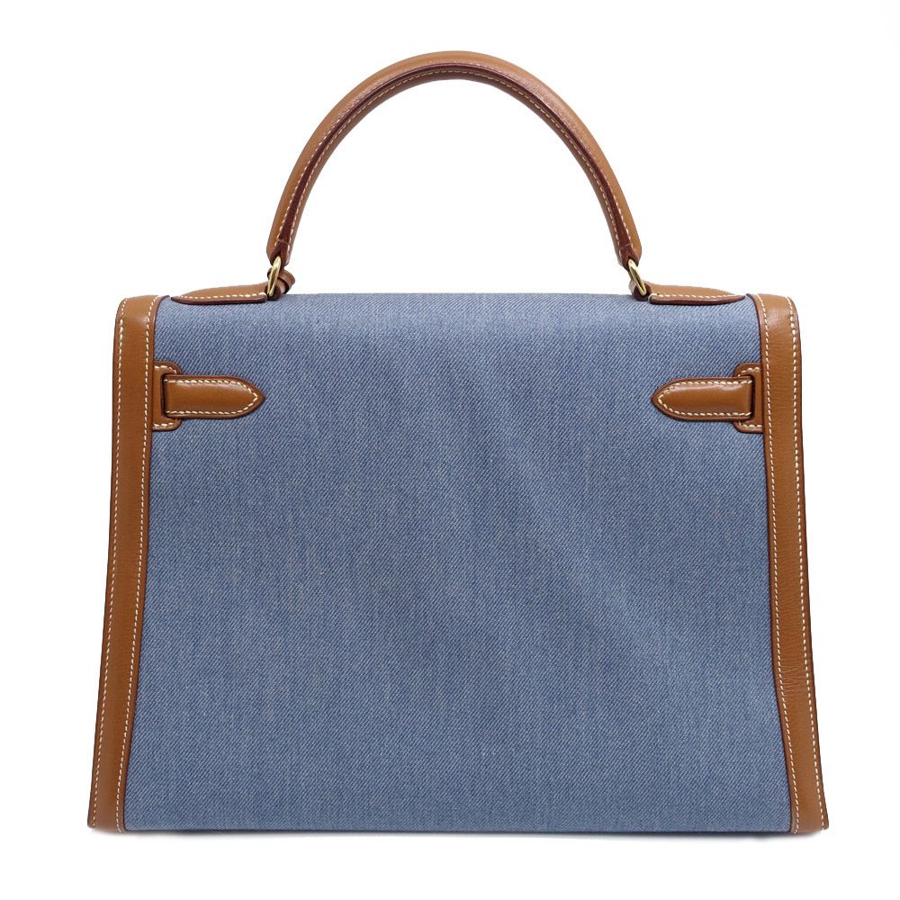 Hermes Kelly 32 Handbag Toilegin Leather Gold Blue Sellier — view 2