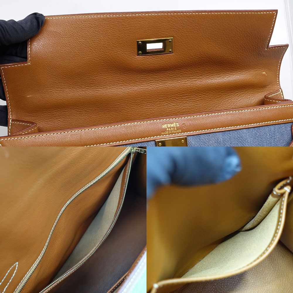 Hermes Kelly 32 Handbag Toilegin Leather Gold Blue Sellier — view 7