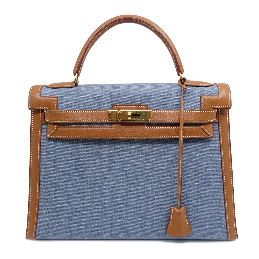 Hermes Kelly 32 Handbag Toilegin Leather Gold Blue Sellier