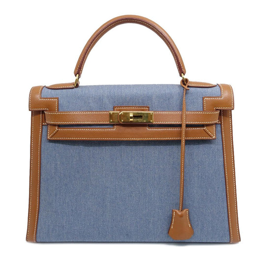 Hermes Kelly 32 Handbag Toilegin Leather Gold Blue Sellier