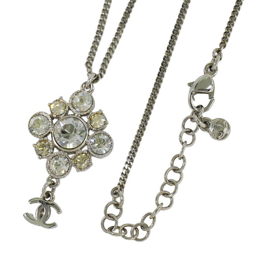 Chanel CC Logo Flower Motif Rhinestone Pendant Metal Silver