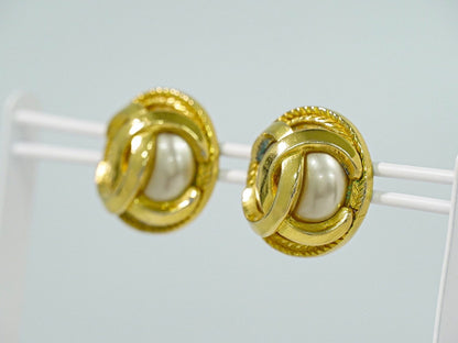 Chanel CC Logo Faux Pearl Earrings Gold Plated White — view 7
