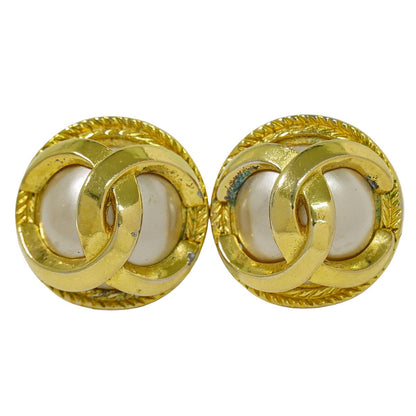 Chanel CC Logo Faux Pearl Earrings Gold Plated White