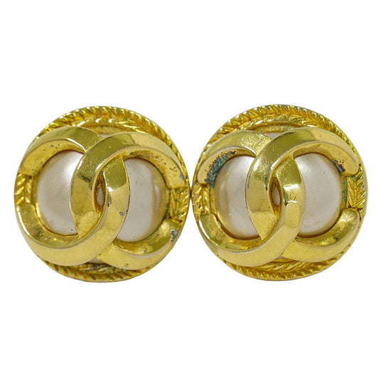 Chanel CC Logo Faux Pearl Earrings Gold Plated White