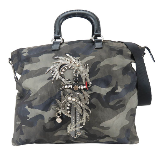 Prada Tote Camouflage Dragon & Sword Nylon Leather Gray Black Crossbody Studded