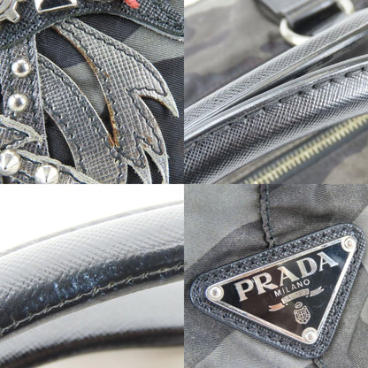 Prada Tote Camouflage Dragon & Sword Nylon Leather Gray Black Crossbody Studded — view 5