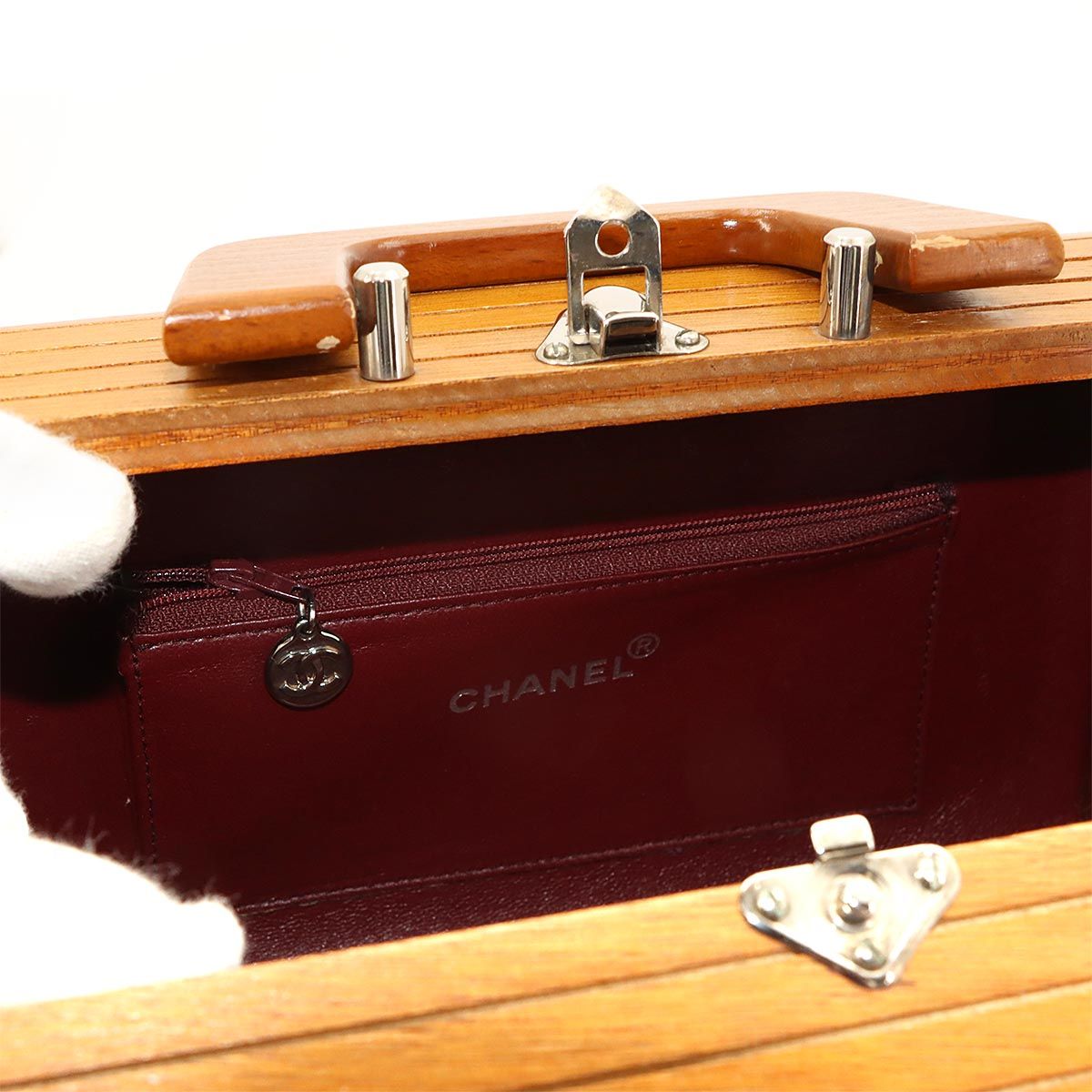 Chanel Wood Vanity Hand Bag Leather Brown Black Silver Vintage — view 7