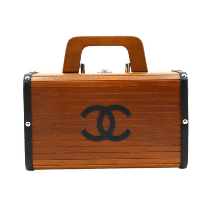 Chanel Wood Vanity Hand Bag Leather Brown Black Silver Vintage — view 2
