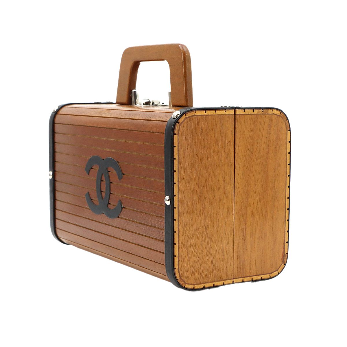 Chanel Wood Vanity Hand Bag Leather Brown Black Silver Vintage — view 3