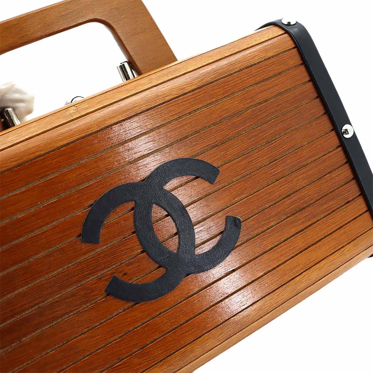 Chanel Wood Vanity Hand Bag Leather Brown Black Silver Vintage — view 9
