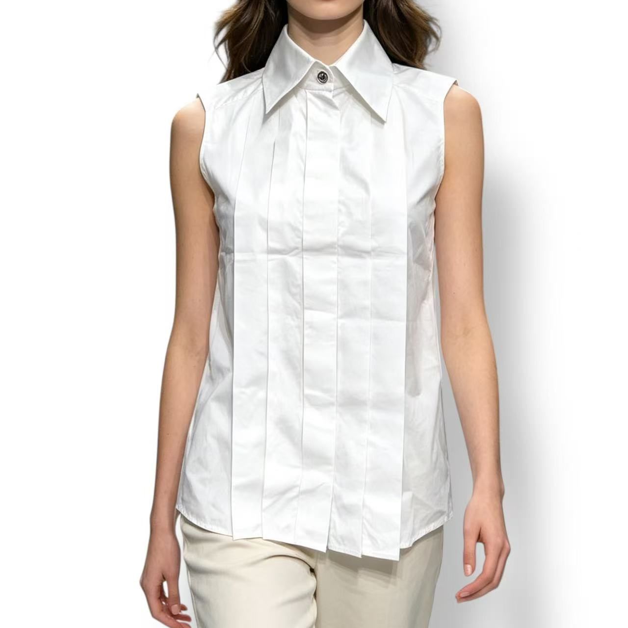 Chanel Top Pintuck Front Sleeveless Shirt Blouse White 36 Cotton — view 3