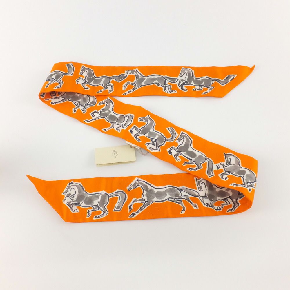 Hermes Heaven Twilly Chevaux en Liberte Horse of Freedom Orange Gray 14 Scarf — view 7