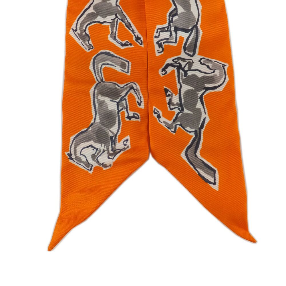 Hermes Heaven Twilly Chevaux en Liberte Horse of Freedom Orange Gray 14 Scarf — view 4